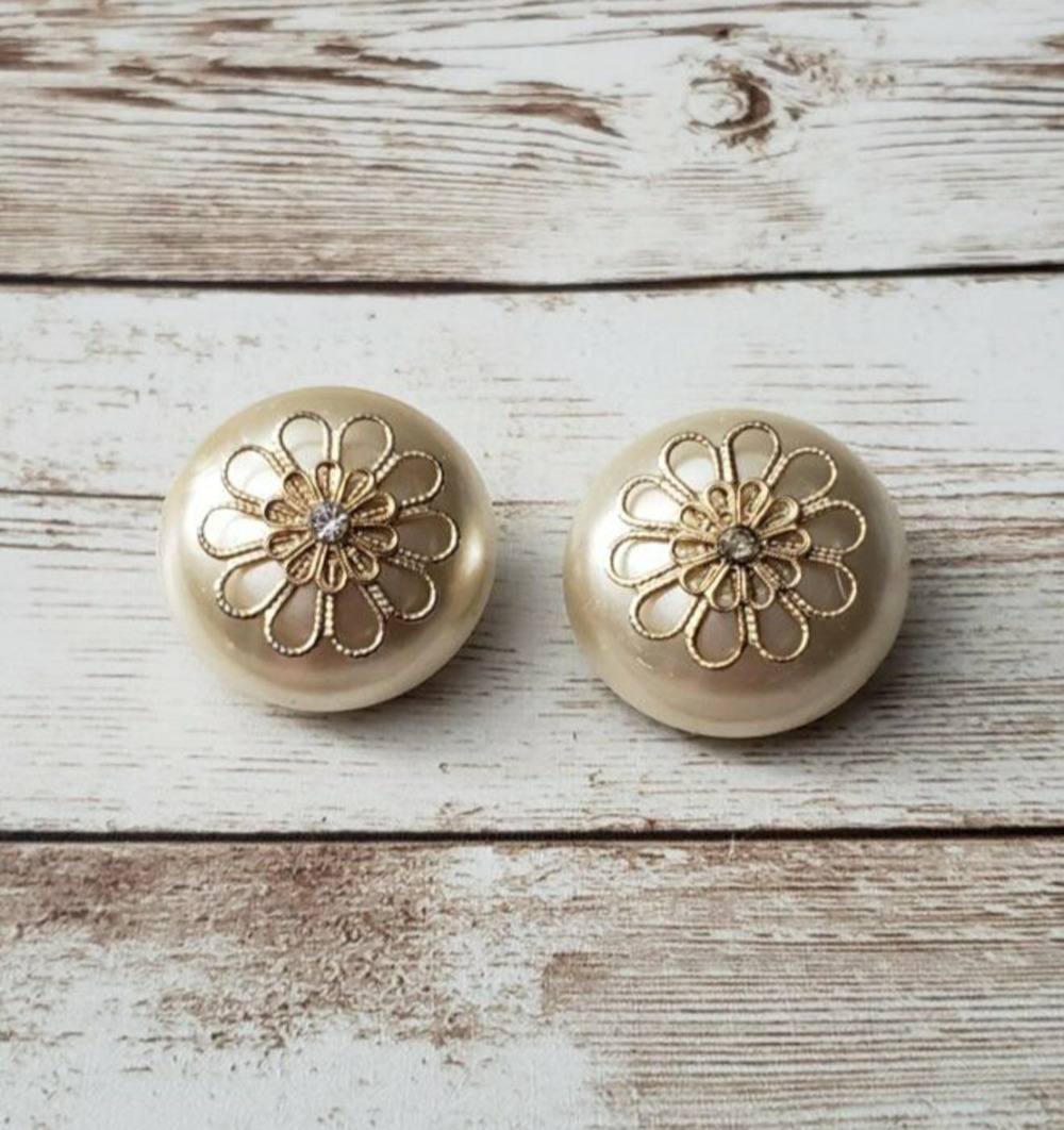 Vintage Clip On Earrings Large Cream Oval with Gold Tone Detail & Clear Gem